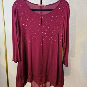 Belldini Top Women's XL Burgandy Stretch 3/4 Sleeve with Embellishments